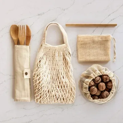bamboo utensils and bag on top of alleanza quartz counter